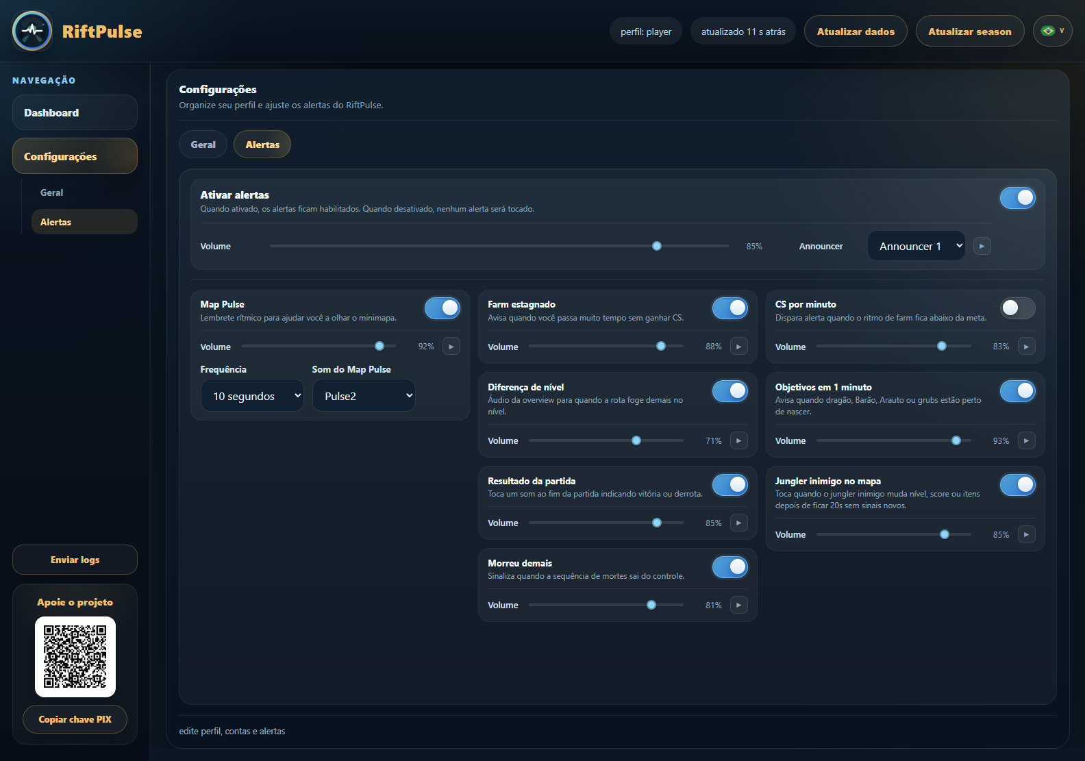 RiftPulse Alerts Only alert settings screen